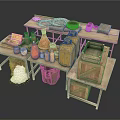 Rustic Kitchen Scene With Wooden Tables Clay Pots Metal Pans Wooden Buckets And Salt Bags