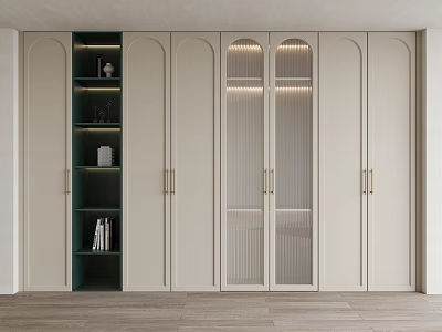 Modern Elegant Wardrobe Interior With Cream White Dark Green Open Shelves Glass Doors Brass Handles 3d model