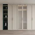 Modern Elegant Wardrobe Interior With Cream White Dark Green Open Shelves Glass Doors Brass Handles