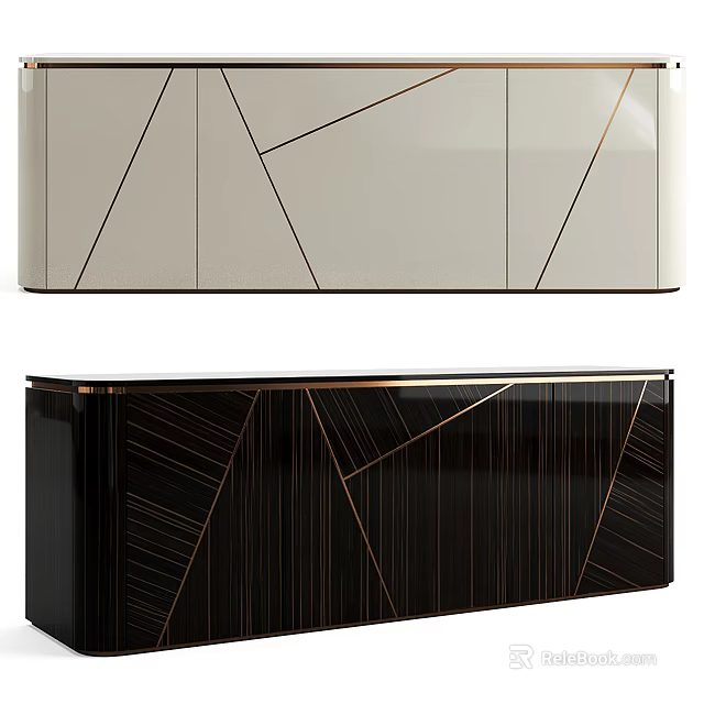 Modern TV Stand With Geometric Patterns And Gold Accent Lines In White And Black 3d model 