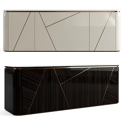 Modern TV Stand With Geometric Patterns And Gold Accent Lines In White And Black 3d model