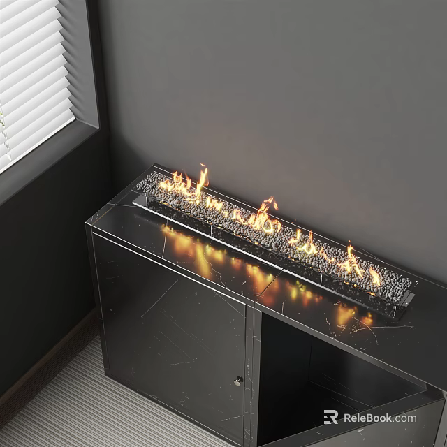 Modern Fireplace With Burning Flames On Black Cabinet Glass Top In Living Room 3d model 
