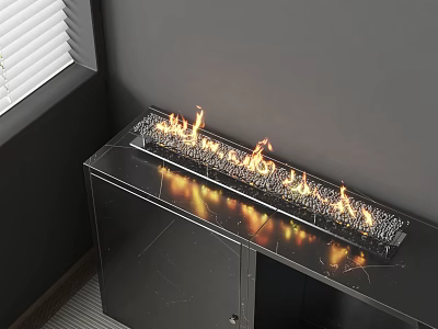 Modern Fireplace With Burning Flames On Black Cabinet Glass Top In Living Room 3d model