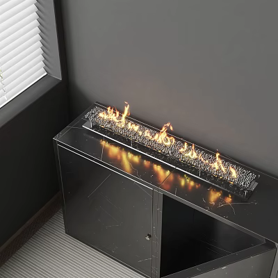 Modern Fireplace With Burning Flames On Black Cabinet Glass Top In Living Room 3d model