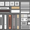 Modern Air Conditioner Fan Collection with Vertical Bodies Various Grilles and Silver Gold Colors