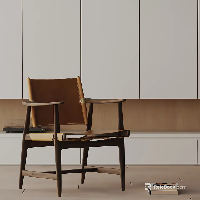 Modern Wooden Frame Leisure Chair With Leather Seat And White Cabinets Interior 3d model 