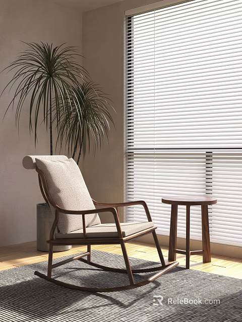 Stylish Leisure Chair With Wooden Frame Beige Cushion Side Table By Blinds And Potted Plant 3d model 