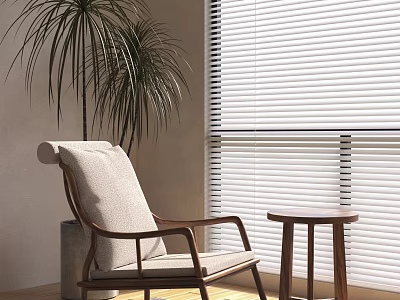 Stylish Leisure Chair With Wooden Frame Beige Cushion Side Table By Blinds And Potted Plant 3d model