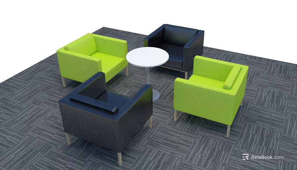 Four Piece Sofa Set with Green Black Armchairs and White Round Coffee Table 3d model 