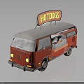 Red Volkswagen Van Hot Dog Food Truck with Neon HOTDOGS Sign and Side Selling Window