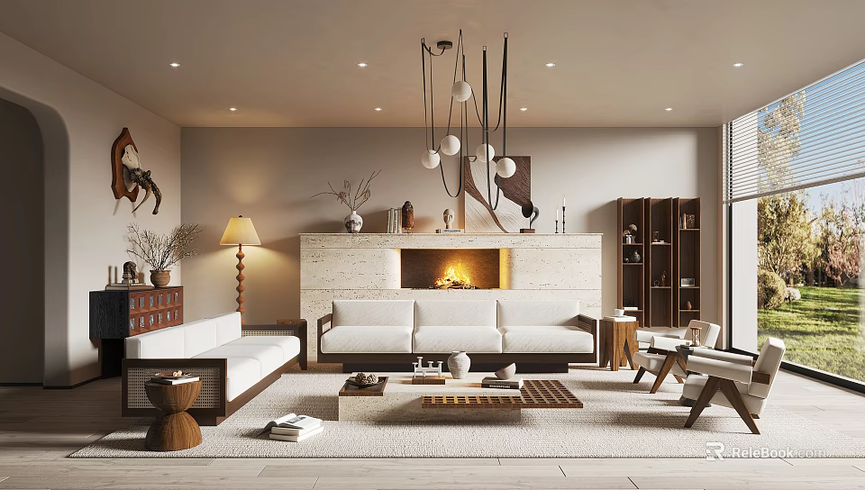 Modern Living Room Interior With Fireplace Sofa Chandelier And Wooden Coffee Table 3d model 