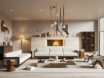Modern Living Room Interior With Fireplace Sofa Chandelier And Wooden Coffee Table 3d model
