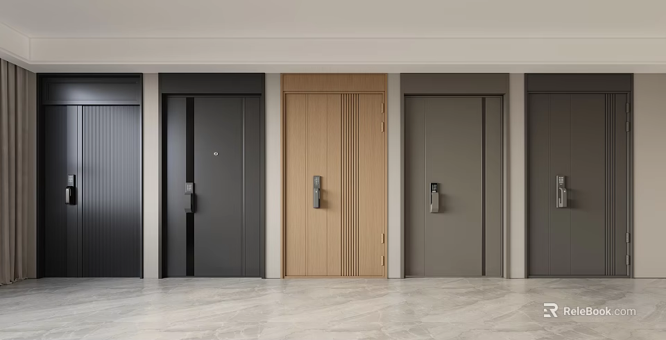 Various Security Doors With Black Wooden And Gray Finishes In Modern 3d model 