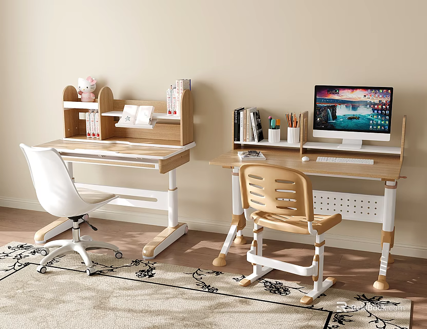 Wooden Kids Desk With Adjustable Height Bookshelf And Chair For Indoor Study 3d model 