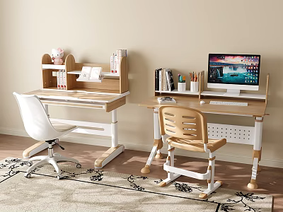 Wooden Kids Desk With Adjustable Height Bookshelf And Chair For Indoor Study 3d model