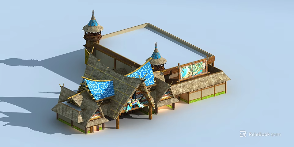 Traditional Wooden House With Thatch Roofs Blue Patterned Decorations And Tower Structures 3d model