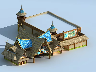 Traditional Wooden House With Thatch Roofs Blue Patterned Decorations And Tower Structures 3d model