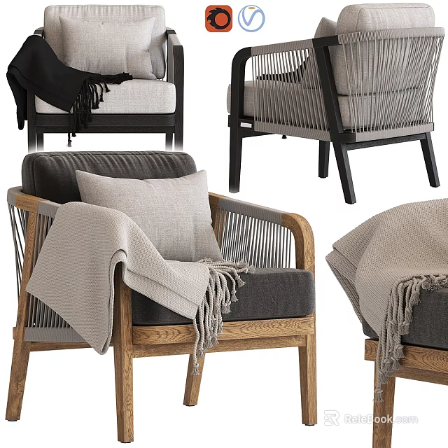 Modern Single Chair With Wooden Frame Woven Details And Cozy Neutral Tones Pillow 3d model 