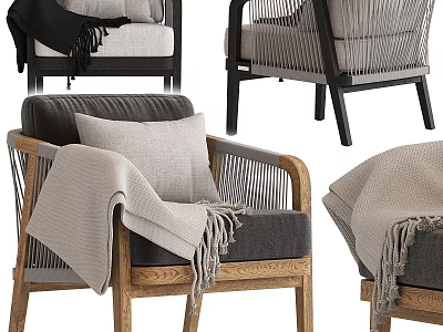 Modern Single Chair With Wooden Frame Woven Details And Cozy Neutral Tones Pillow 3d model