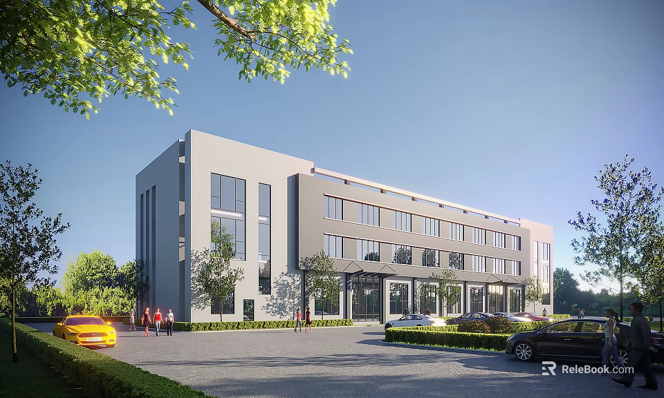 Modern Industrial Factory Building With Multi story Structure Large Windows Green Landscaping And Parking Area 3d model 