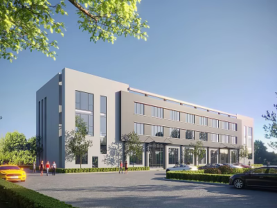 Modern Industrial Factory Building With Multi story Structure Large Windows Green Landscaping And Parking Area 3d model