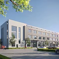 Modern Industrial Factory Building With Multi story Structure Large Windows Green Landscaping And Parking Area