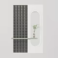Modern Decorative Screen With Black Grid Pattern Oval Opening Green Shelf Vase And Plant