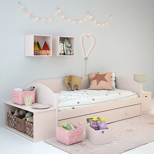Kids Bed With Star Pattern Mattress Storage Drawers Wall Shelves Heart Lamp And Stuffed Toys 3d model 