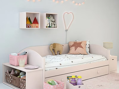 Kids Bed With Star Pattern Mattress Storage Drawers Wall Shelves Heart Lamp And Stuffed Toys 3d model