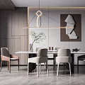 Modern Restaurant Interior With Dining Table Beige Chairs Pendant Light And Decorative Painting