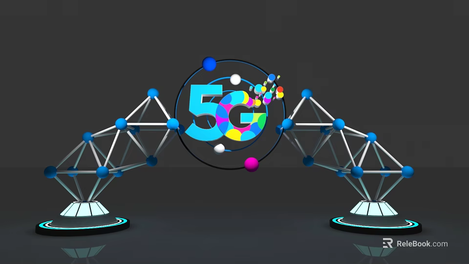 5G Themed Photo Spot With Geometric Arch Structure Colorful Spheres And Lighting 3d model 