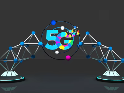 5G Themed Photo Spot With Geometric Arch Structure Colorful Spheres And Lighting 3d model