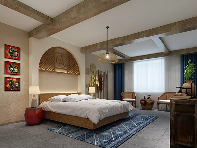 Hotel Guest Room with Wooden Bed Frame White Bedding Arched Decor and Pendant Light 3d model