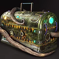 Ornate Mystical Chest with Curved Horns Colorful Gems Intricate Gears and Enchanted Runes