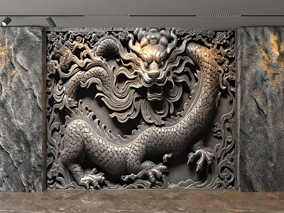Artistic Traditional Dragon Carving Relief Background Wall With Intricate Stone Design 3d model