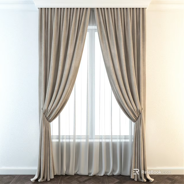 Beige Pleated Curtains With Soft Fabric Tiebacks And Sheer Window Panels 3d model 