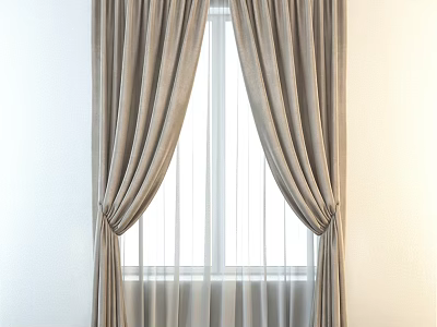 Beige Pleated Curtains With Soft Fabric Tiebacks And Sheer Window Panels 3d model