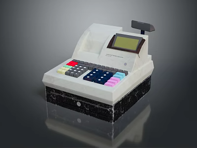 Computerized Cash Register With White Design Black Base Display Screen And Colored Buttons Keypad 3d model