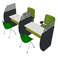 Modern Partitioned Office Desk With Transparent Dividers White Tabletop Black Frame And Green Chairs