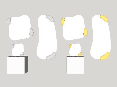 Stylish Decorative Mirrors In Various Shapes On White Cube Stands With Gray And Yellow Edges 3d model
