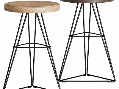 Two Modern Bar Stools with Wooden Round Seat and Black Metal Frame Legs 3d model