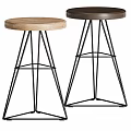 Two Modern Bar Stools with Wooden Round Seat and Black Metal Frame Legs