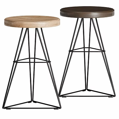 Two Modern Bar Stools with Wooden Round Seat and Black Metal Frame Legs 3d model