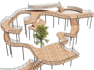 Spiral Wooden Walkway Structure With Multiple Platforms Stairs And Central Tree 3d model