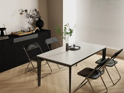 Modern Dining Table Set With White Table Black Chairs Cabinet Decorations And Small Potted Plant 3d model