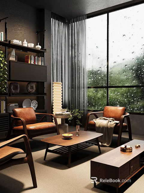 Brown Leather Lounge Chairs By Rainy Window With Green Plants Bookshelf And Coffee Table 3d model 