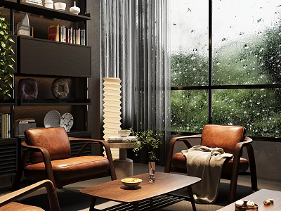 Brown Leather Lounge Chairs By Rainy Window With Green Plants Bookshelf And Coffee Table 3d model