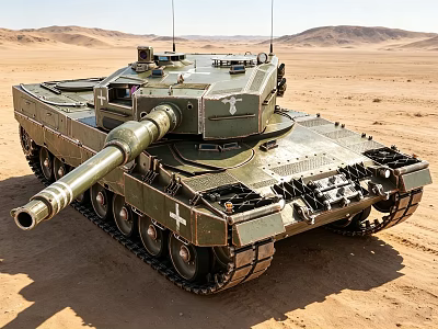 Military Tank In Desert Landscape With Main Gun Tracks And Armor 3d model