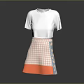 Stylish White Short Sleeve Top With Checkered Skirt Featuring Colorful Patterns And Orange Hem