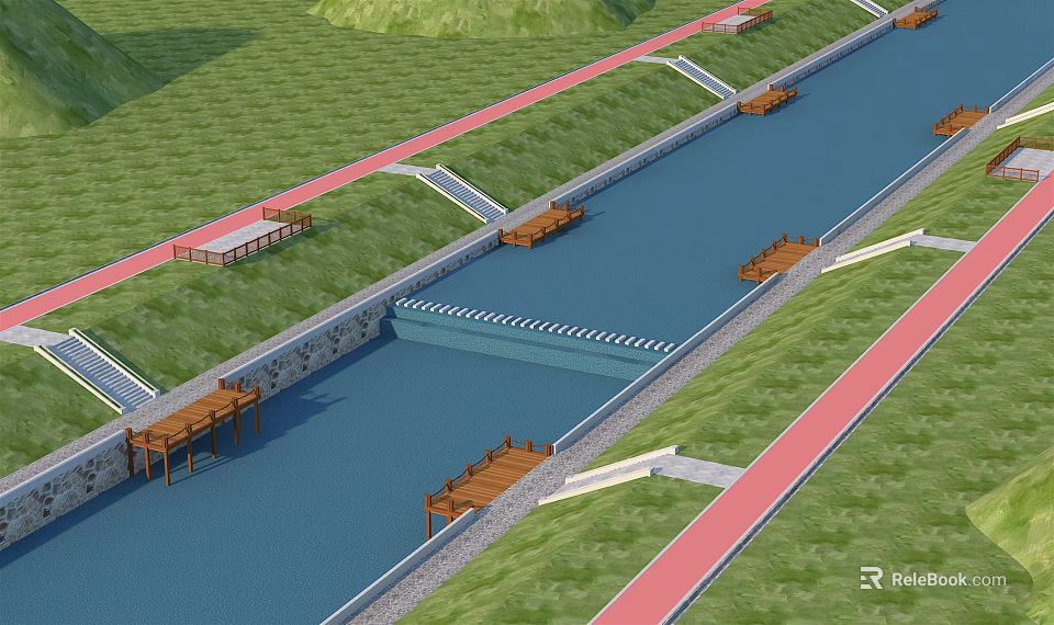 Scenic Garden Landscape With River Channel Green Lawn Red Paths And Wooden Piers 3d model 